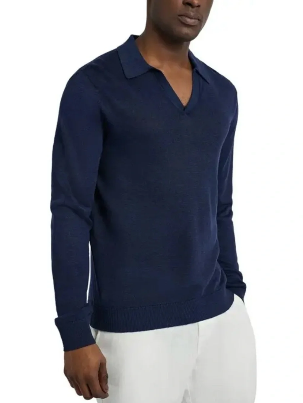 ONIA Sweater Mens Large Deep Navy Blue Johnny Polo 100% Linen Long Sleeve V-Neck